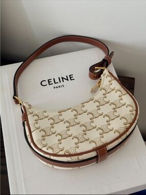 Mini Celine Cream & Brown Triomphe Crescent Shoulder Bag